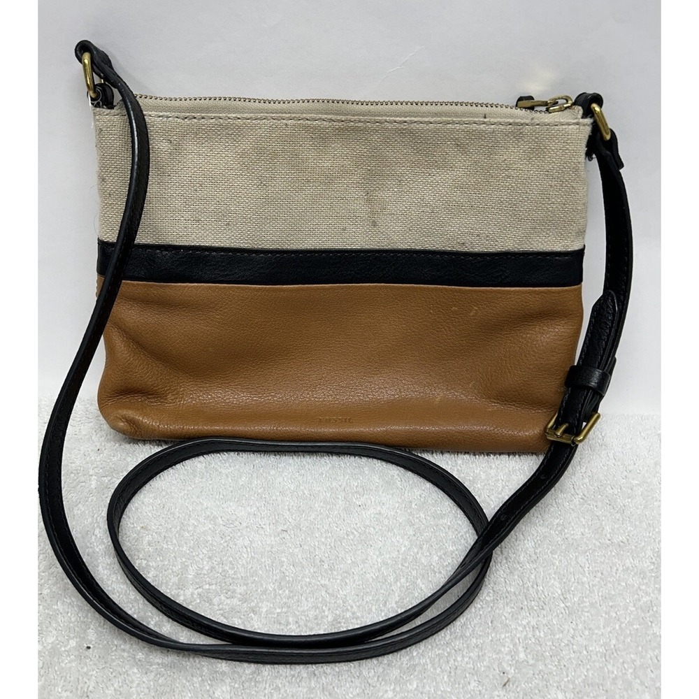 Fossil Womens Colorblock Linen and Leather Fiona Crossbody Purse Bag